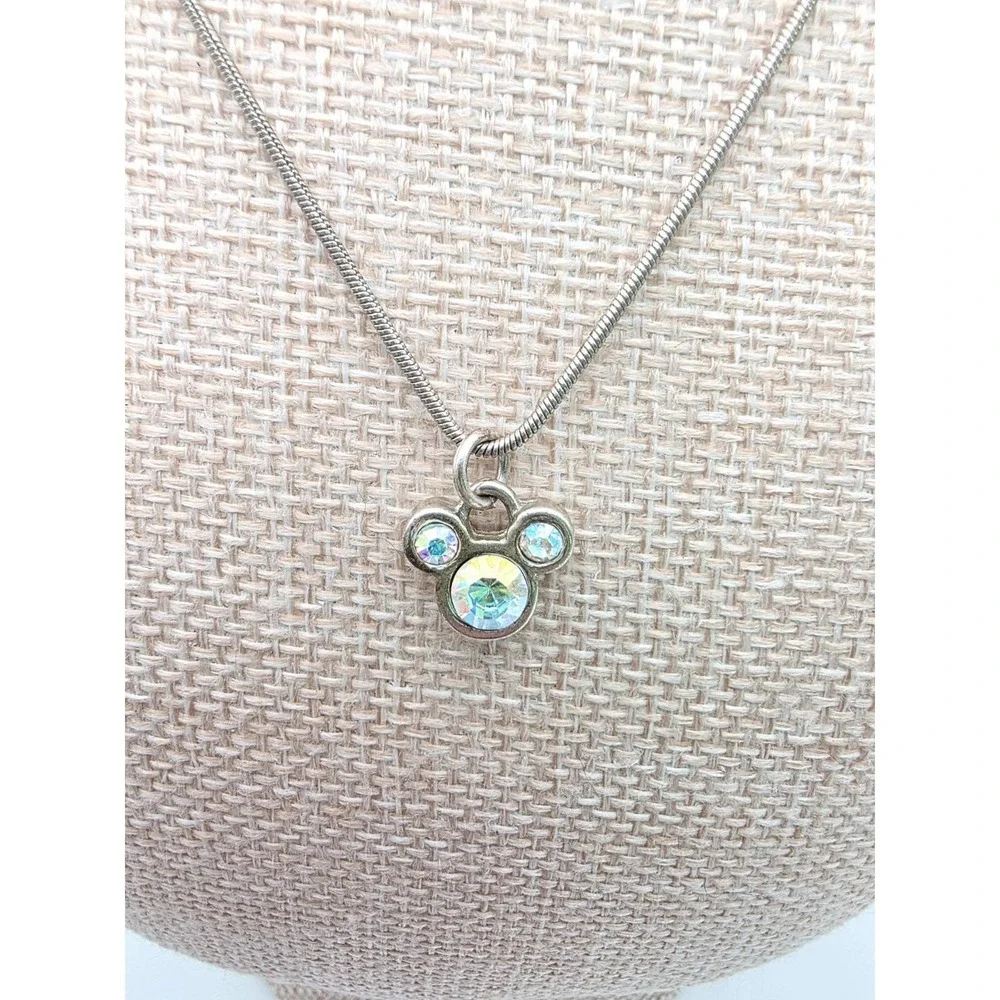 Vtg DISNEY Micki Mouse Necklace SWAROVSKI Crystal Silver‎ Plate Snake Chain 16